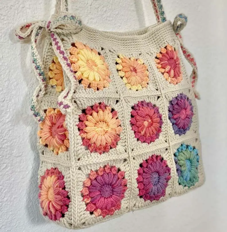 sunburst rainbow crochet tote bag_